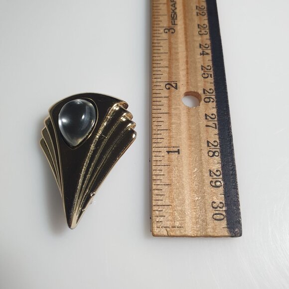 Vintage Art Deco Style Gold Tone Brooch Clear Cabochon Fan Design Pin Plastic - Picture 2 of 5